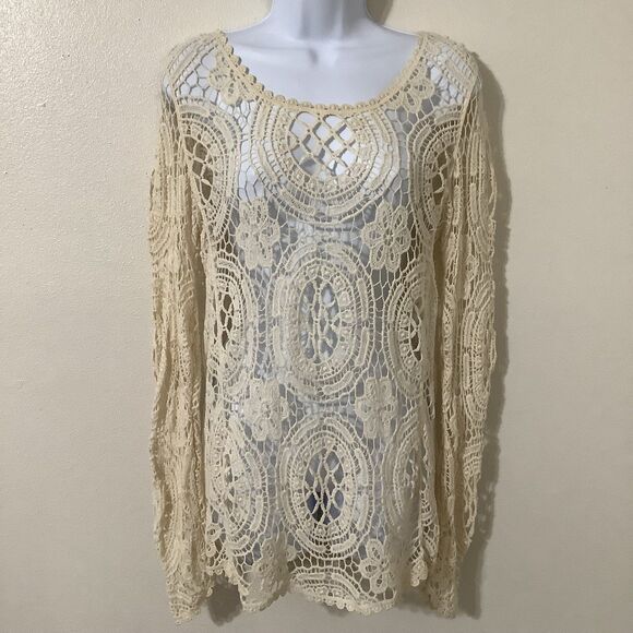 Nabee Cream Crochet Festival Bohemian Hippie Boho Beachy Long Sleeve Top S - Picture 1 of 11
